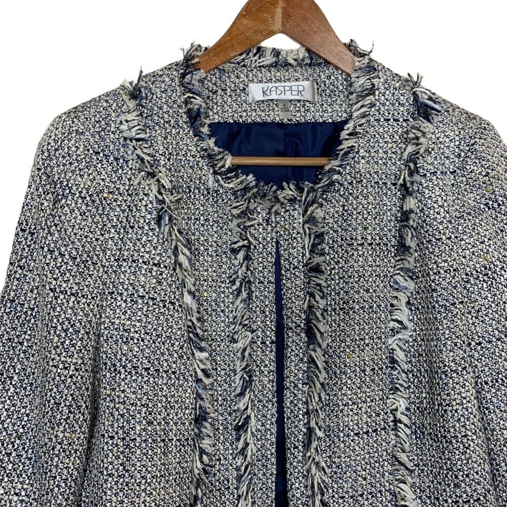 Kasper Flyaway Novelty Blazer Tweed Fringe Jacket Open Front Blue White Gold 8 - Picture 2 of 11